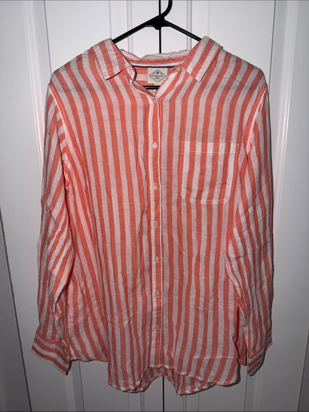 St. John's Bay Coral and White Striped Button-Down Shirt